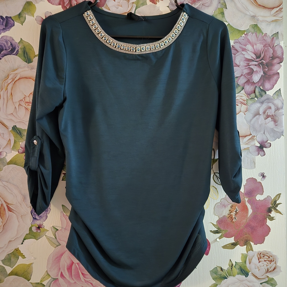 Chic Teal Blouse with Embellished Neckline